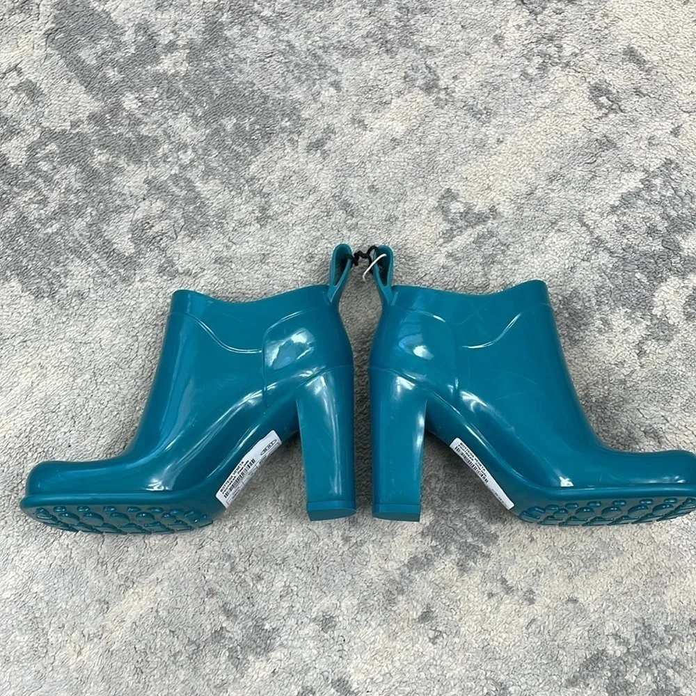 Bottega Veneta Shine Heeled Ankle Boots Rubber Rain Deep Teal Jade Sz 36